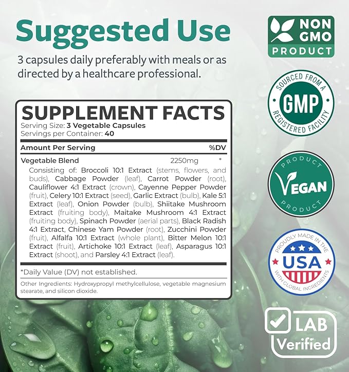 Super Greens Antioxidants Superfoods 2250mg Supplement - 20 Ingredients with Sprouts, Mushrooms, Roots, Garlic, Bitter Melon, Artichoke, Celery Seed, Cayenne pepper, Alfalfa NON GMO - 120 Capsules