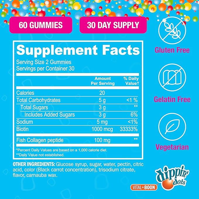 Dippin' Dots - Biotin Collagen Gummies for Women and Men - Hair, Skin & Nails Support - 10,000 mcg Biotin - Vegetarian, Non-GMO, Gluten-Free (60 Count)