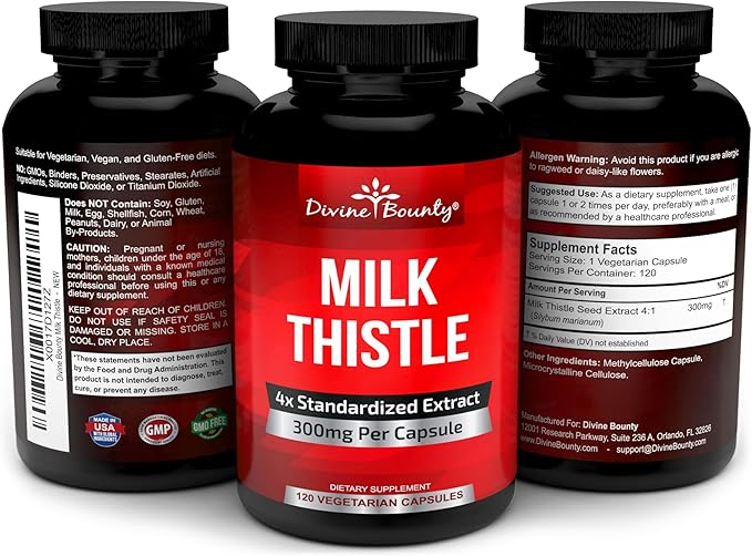 Divine Bounty Pure Milk Thistle Capsules Supplement - A Potent 1200mg Milk Thistle Supplement with 4X Concentrated Extract (Standardized) 120 Vegetarian Capsules
