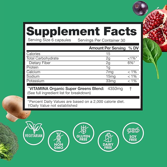 Zena Nutrition Organic Super Greens Fruit & Veggies Supplement, 70+ Superfoods from Fruit & Vegetables, 3g Fiber, Spirulina, Chlorella, Prebiotics & Probiotics, Digestive Enzymes, 180 Capsules