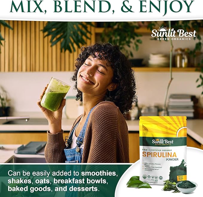 Sunlit Best USDA Organic Spirulina Powder - Blue-Green Algae, Raw & Vegan Source of Protein & Chlorophyll | Non-GMO & Gluten-Free Superfood Energy Drink | Immune Support Supplement, 8 oz - 3 Pack