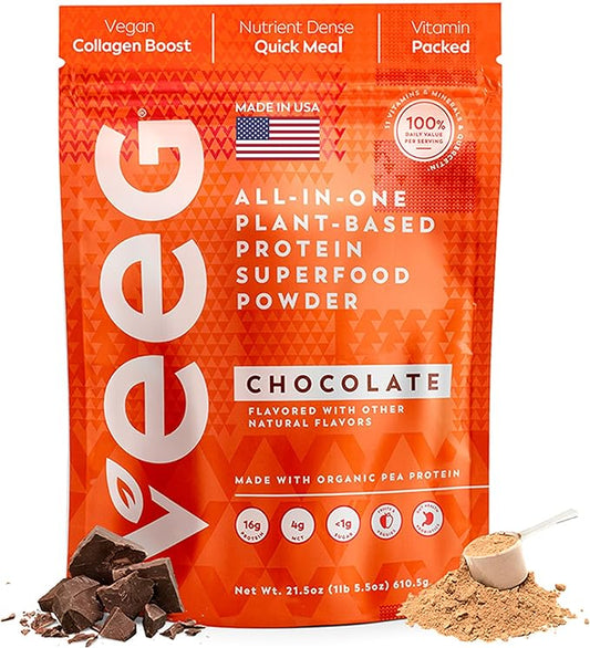 Veeg All in One Protein Smoothie Powder – Plant Based Protein, Vegan Collagen, MCT Oil Organic, Multivitamin, Greens Superfood Powder, Meal Replacement, Probiotics, Sugar Free,15 Servings (Chocolate)