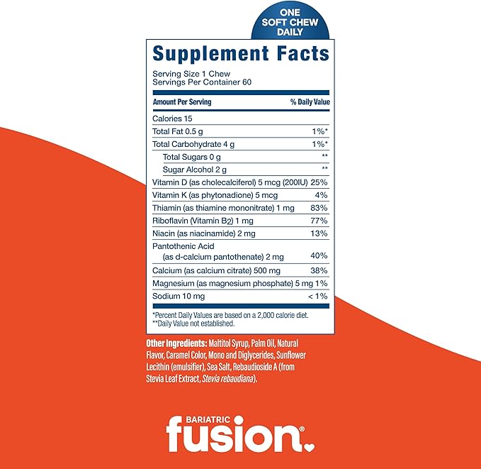 Bariatric Fusion Bariatric Calcium Supplement Chews | Calcium Citrate with Vitamin D3 Bariatric Vitamin | Sugar Free Chewable |500mg |Caramel | 60 Count