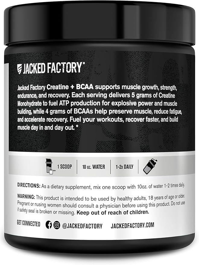 Jacked Factory Creatine + BCAAs - Creatine Monohydrate + BCAA Powder for Increased Post-Workout Recovery, Performance, Lean Muscle Growth, & Reduced Fatigue - 30 Servings, Unflavored