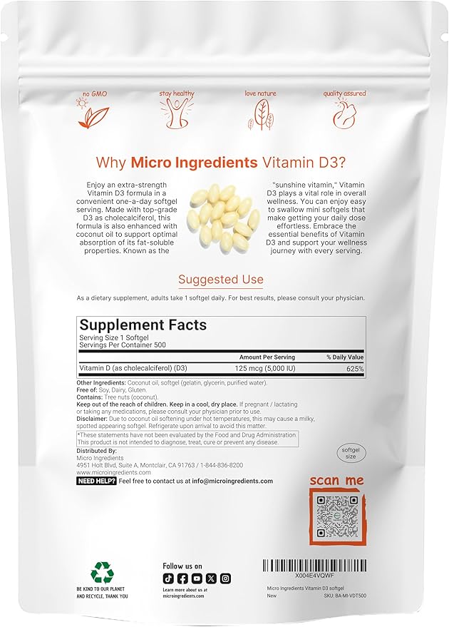 Micro Ingredients Vitamin D3 5,000 IU, 500 Softgels | Virgin Coconut Oil | Cholecalciferol Form | Bone, Immune & Heart Support | Easy to Swallow, Non-GMO