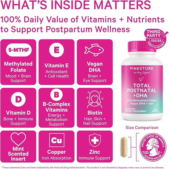 Pink Stork Total Postnatal Vitamins for Women - Mint Essenced Capsules with Vegan DHA, Iron, Folate, and Vitamin B12, Postpartum Recovery Essentials - 1 Month Supply