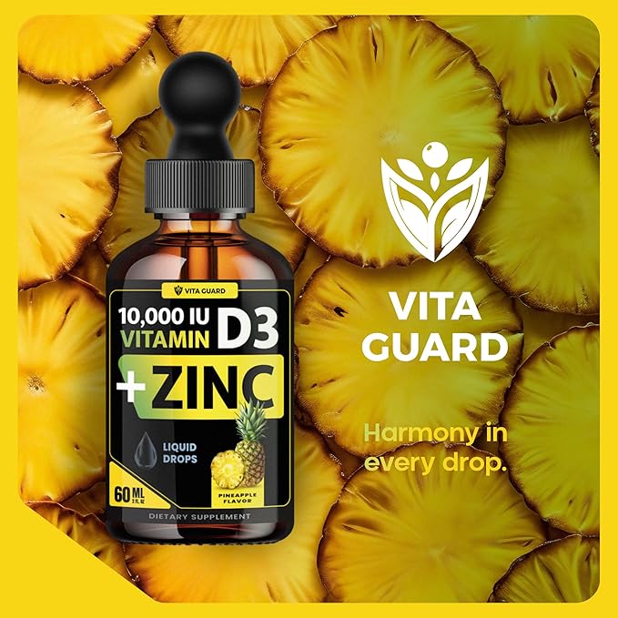 Vitamin D3 Drops with Zinc – 10,000 IU D3 & 15 mg Zinc Liquid Supplement – Immune Support for Men & Women – Sugar-Free Pineapple Flavor – 30-Day Supply