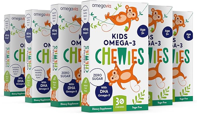 Omega 3 Gummies - Ultra-High DHA Chewable Gel Gummy - for Kids Supports Brain & Eye Health - Sugar-Free Natural Fruit Flavor - Kids Omega 3 Fish Oil Gummies (6 Pack)