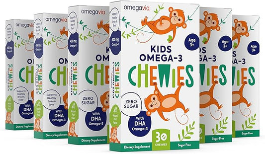 Omega 3 Gummies - Ultra-High DHA Chewable Gel Gummy - for Kids Supports Brain & Eye Health - Sugar-Free Natural Fruit Flavor - Kids Omega 3 Fish Oil Gummies (6 Pack)
