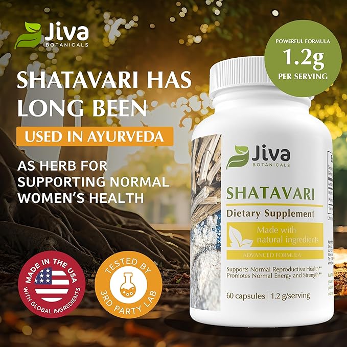 Jiva Botanicals Shatavari Supplement 1200mg - Shatavari Root Powder for Normal Hormonal Balance and Normal Energy Levels - Made in The USA - Non GMO, Vegan - 60 Capsules