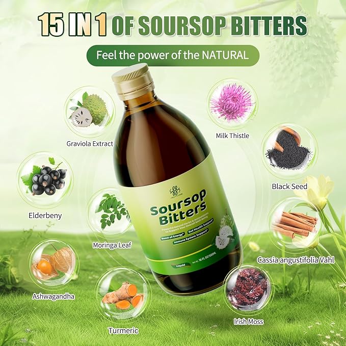 Soursop Bitters Liquid with Black Seed,Moringa & Turmeric for Digestive & Gut Cleanse, Antioxidant,Skin Health,Cell Regeneration,Immune & Mood Support,Pure 15 Herb Soursop Tea 16 fl oz