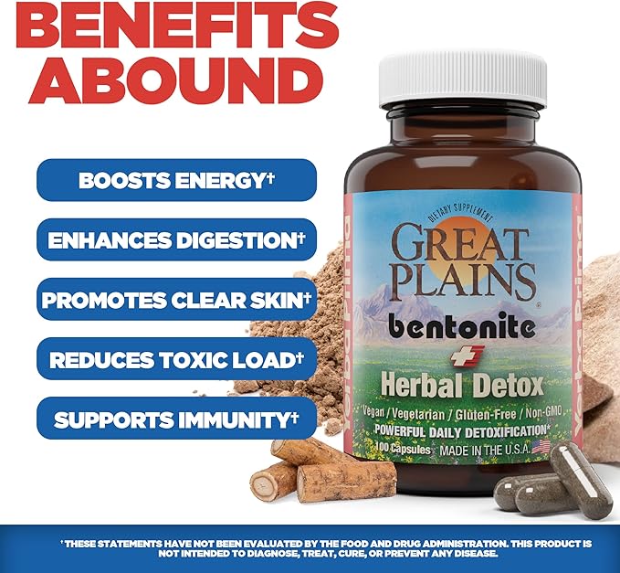 Yerba Prima Great Plains Bentonite Clay Caps Plus Herbal Detox (Pack of 2) - Food Grade - Liver & Colon Cleanse Supplement Capsules