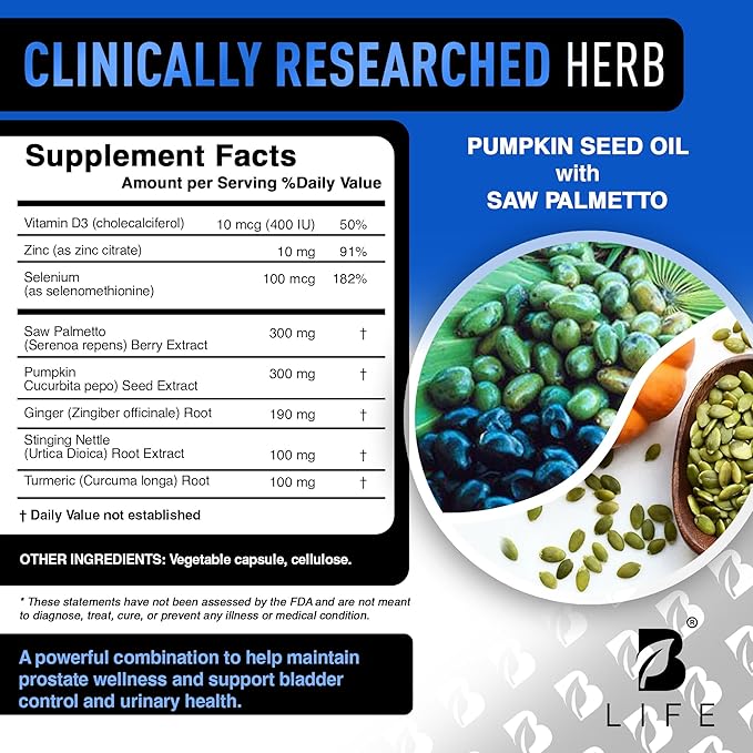 Prostate Health Supplements for Men with Saw Palmetto for Men & Pumpkin Seed Oil Capsules - Stinging Nettle Root| 60 Capsules – 30-Day Supply
