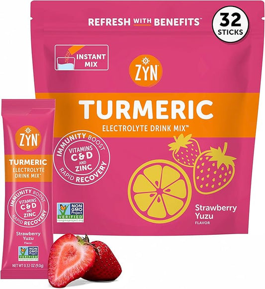 ZYN Electrolyte Drink Mix Hydration Packets, Strawberry Yuzu Electrolytes Powder, Hydration Packets w/Turmeric Curcumin, Vitamin C & D, Zinc, Hydrate & Recover Electrolyte Powder, Pack of 32