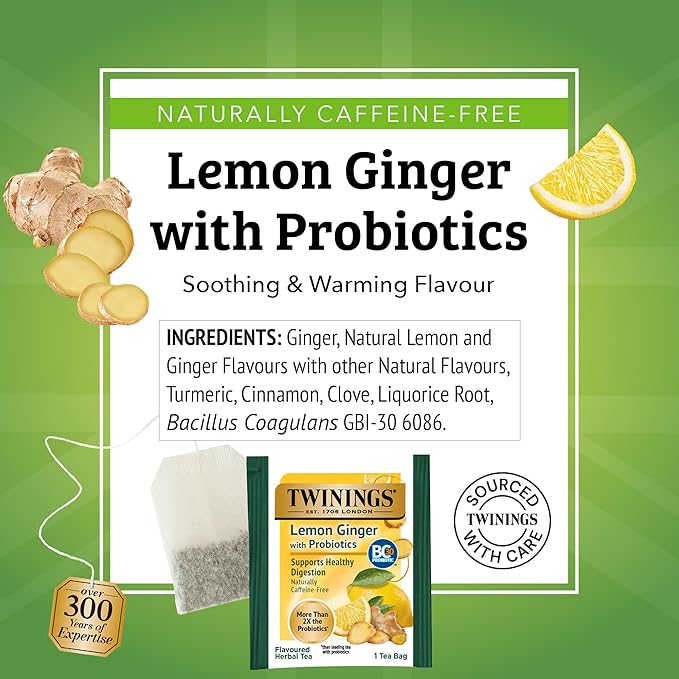 Twinings Superblends Probiotics+ Lemon & Ginger Flavoured Herbal Tea with Turmeric, Naturally Caffeine-Free, 18 Tea Bags (Pack of 6), Enjoy Hot or Iced, 108 Teabags