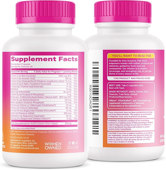 Pink Stork Total Prenatal Vitamins with DHA, Folate, Iron, Choline, and Vitamin B12 - Prenatals for Women to Support Fetal Development, Pregnancy Essentials, Berry Essence, 60 Capsules, 1 Month Supply