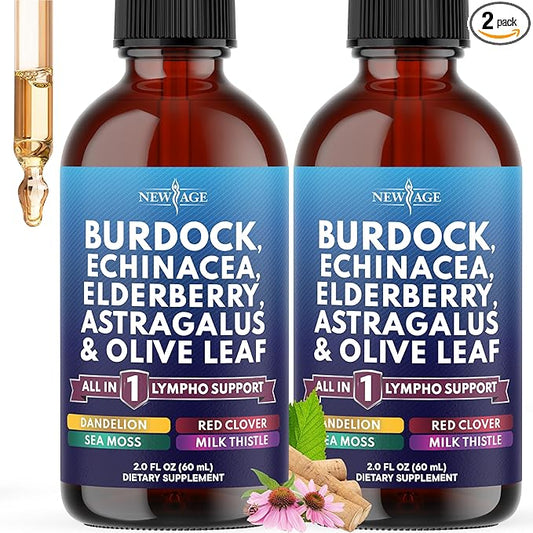 NEW AGE Lymphatic Drainage Supplement - Burdock Lymphatic Support Drops - Burdock Root, Mullein, Echinacea, Elderberry, Dandelion, Astragalus, Milk Thistle, Red Clover - 4 oz