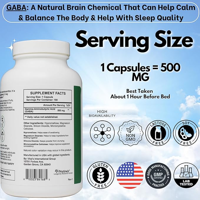 PRISTINE'S GABA 500mg Sleep Quality Support Supplement - 180 Day Supply - Calm Mind & Relaxation Sleep Support Capsules