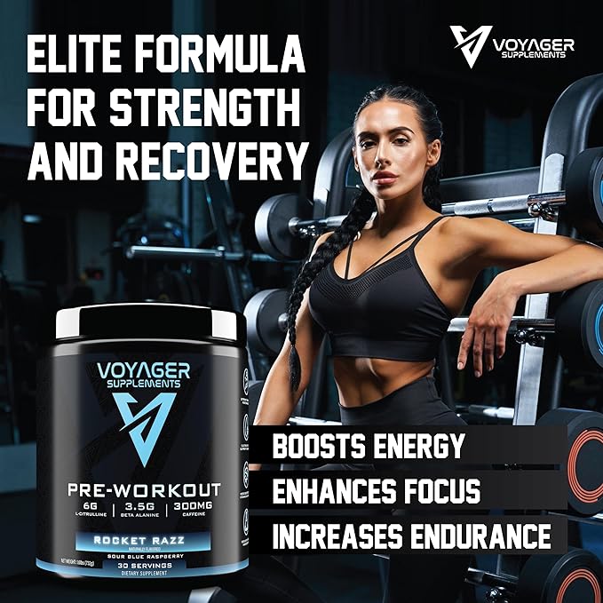 Voyager Pre-Workout Rocket Razz – Creatine-Free Powder w/L-Citrulline, Beta-Alanine, Caffeine – Supports Energy, Endurance & Focus – 30 Servings – No Artificial Fillers – GMP Certified