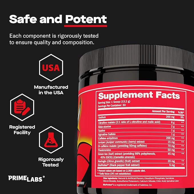 Prime Labs Pre Workout Powder for Men - with Citrulline Malate, Beta-Alanine, and Natural Caffeine - Energy, Focus, Power - Blue Lemonade Flavor - 30 Servings