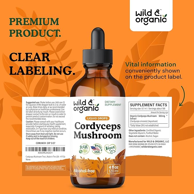 Wild & Organic Cordyceps Tincture - Cordyceps Sinensis Mushroom Extract for Immune & Energy Support - Liquid Mushroom Supplement - Vegan, Sugar & Alcohol-Free Drops - 4 fl oz