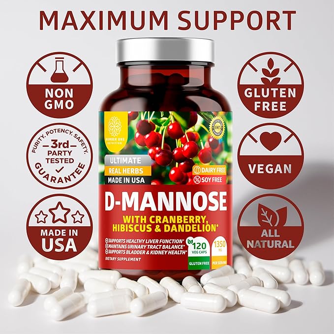 Number One Nutrition Premium D Mannose with Cranberry and Hibiscus [Max Strength, 1350mg] 120 Capsules