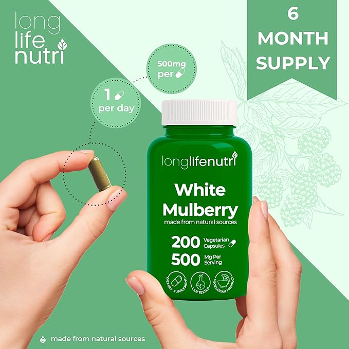 White Mulberry Leaf Extract 500mg - Sourced from Morus Alba Leaf, 200 Vegetarian Capsules, Supplement for Natural Balance and Wellness, 200-Day Supply, GMP Certified, Made in USA