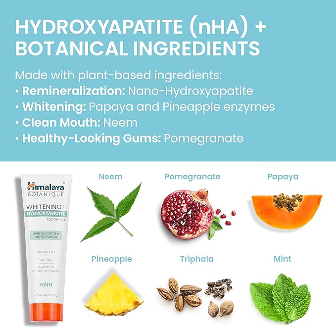 Himalaya Botanique Whitening + Hydroxyapatite Toothpaste for Whiter Teeth & Fresher Breath with Hydroxyapatite Support & Mint Flavor, Fluoride-Free, SLS Free, & Vegan, 4.0 oz (113g)…