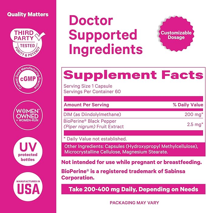 Pink Stork DIM Supplement for Women - Estrogen and Hormone Balance for Menopause, Perimenopause & PMS - DIM 200 mg Plus BioPerine for Mood Support - 60 Day Supply