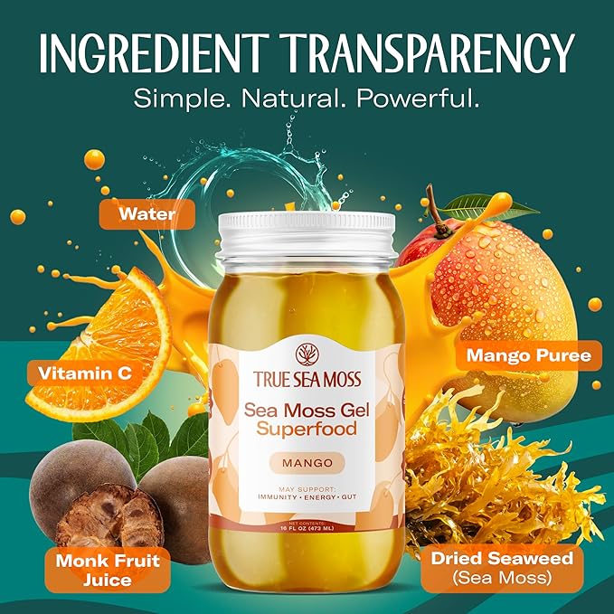 TrueSeaMoss Sea Moss Gel – Made in USA – Wildcrafted Seamoss, Fresh Fruits & Sea Vegetables – Mango, Pack of 3 (Labels may Vary)