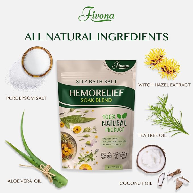 Fivona Sitz Bath Soak Blend for Hemorrhoids and Postpartum Recovery - Epsom Salt and Essential Oils Soaking Mix - 14.1 oz - Natural Care for Fissures and Bartholin Cysts