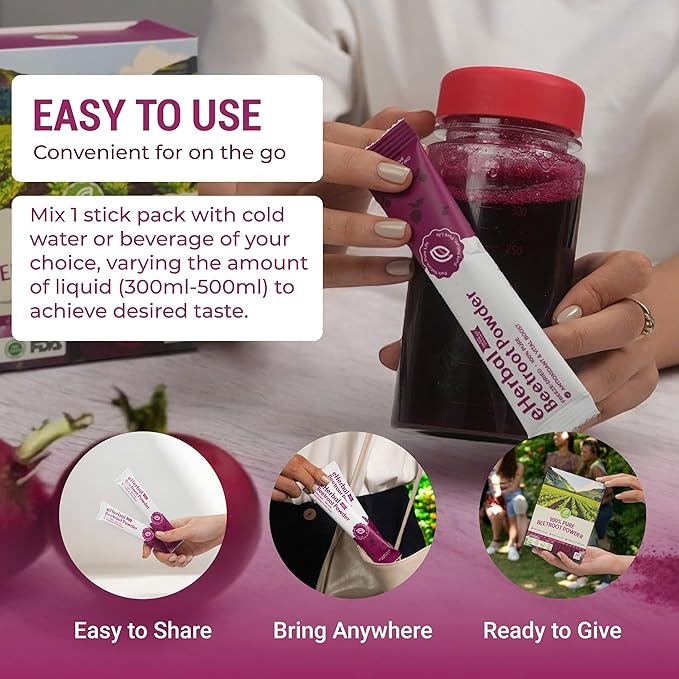 eHerbal 100% Plant Based Pure Freeze Dried Beet Root Powder 20 Packs | Beet Juice for High Blood Pressure, Nitric Oxide Booster, Boost Clean Energy Drink Mix, Non-GMO, Convenience to Use | (5g/Stick)