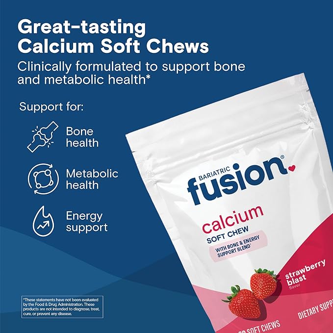 Bariatric Fusion Bariatric Calcium Supplement Chews | Calcium Citrate with Vitamin D3 Bariatric Vitamin | Sugar Free Chewable | 500mg | Strawberry | 60 Count