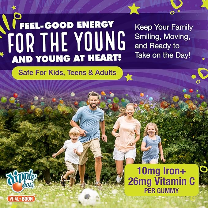 Iron with Vitamin C & B12 Gummies (120 Count) Vital for Red Blood Cell Formation | Gum Drop Grape Real Pectin Fruit Chew Supplements | Vegan, Non-GMO, Gluten Free & Gelatin Free