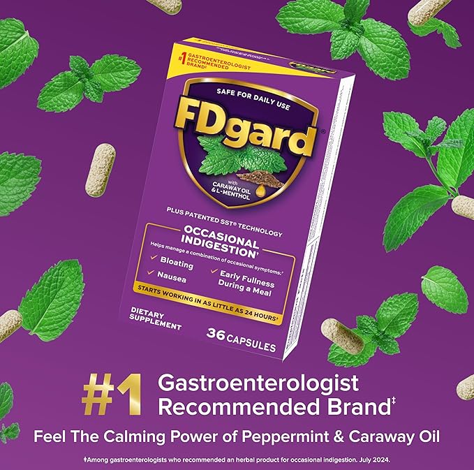 FDgard Gut Health Supplement, Indigestion, Nausea & Bloating, Upset Stomach, 36 Capsules