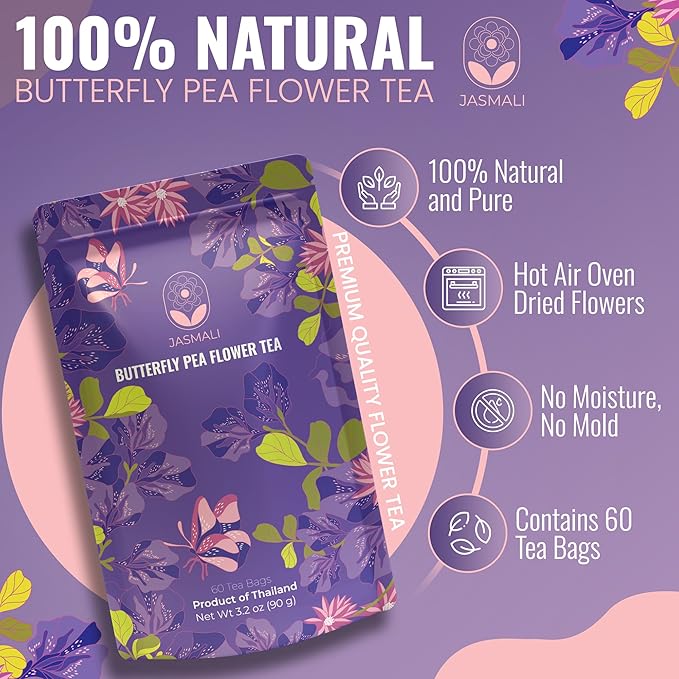 Jasmali Butterfly Pea Flower Tea - 60 Tea Bags, Herbal Tea, Vacuum Sealed for Freshness, Sourced from Thailand, Caffeine Free, Gluten Free, Vegan, Plant-Based, Blue Pea Flower Tea