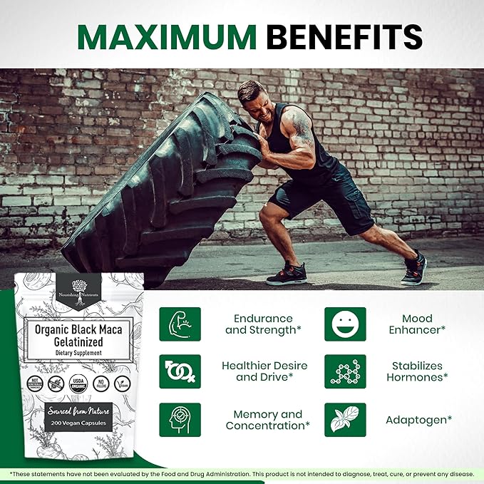 Organic Gelatinized Black Maca – 3X Stronger 200 Capsules for Men & Women, Natural Energy Supplement for Focus, Performance, Stamina & Endurance, Mood Enhancement and Stability, Mental Clarity 1000mg