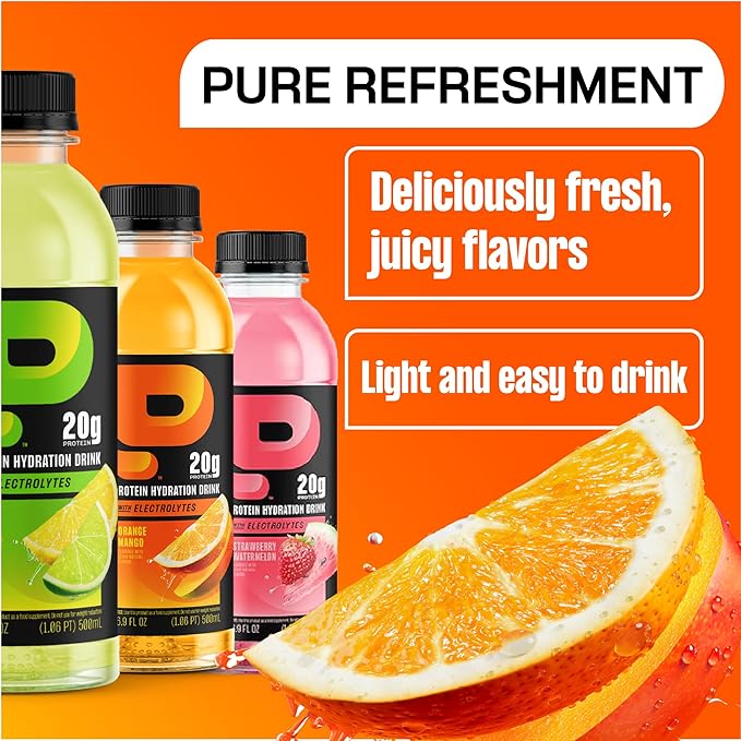 Protein2o Hydration Drink - 2-in-1 Liquid Clear Whey Protein Isolate and Electrolyte Drink - 20g Protein, Vitamins B5, B6 - Post-Workout Recovery - 16.9 Fl Oz - 12 Count Orange Mango