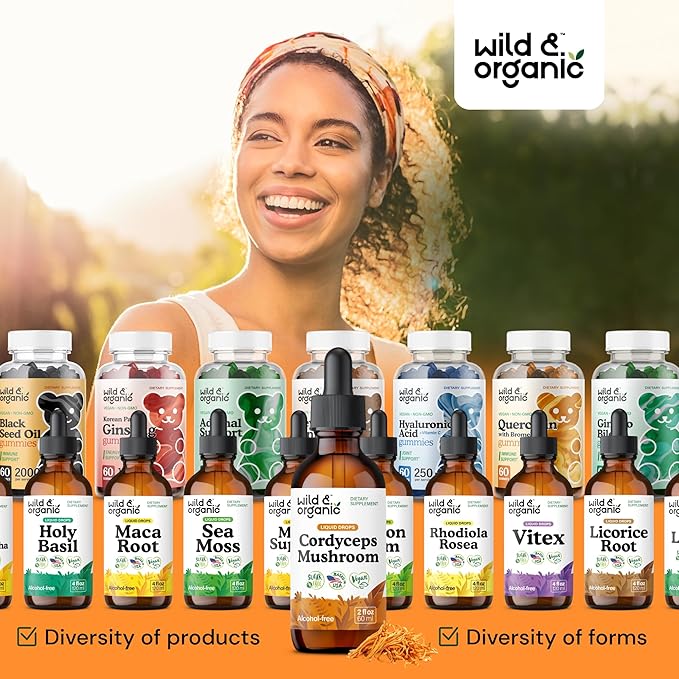 Wild & Organic Cordyceps Mushroom Tincture - Cordyceps Extract Supplement for Energy & Immune Support - Liquid Sinensis Mushroom Drops - Vegan, Sugar & Alcohol-Free - 2 fl oz