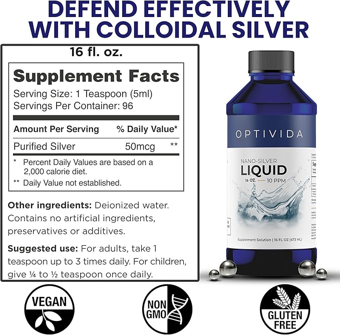 Optivida Health Nano Colloidal Silver Liquid (2 Pack) – Immune Support Supplement with Silver Hydrosol, Liquid for Immune System Support, Colloidal Silver for Adults & Kids, Non-GMO, Gluten-Free