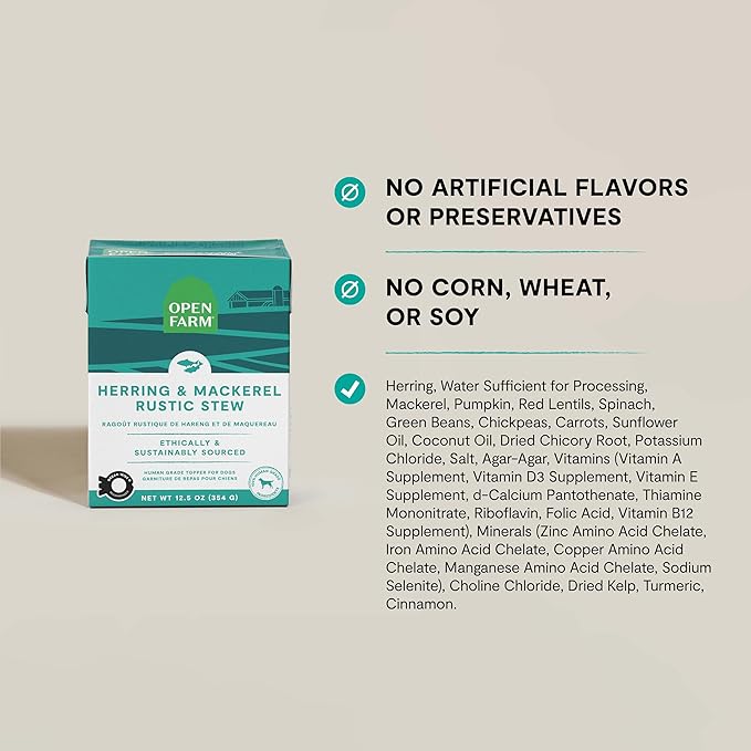 Open Farm Rustic Stews Wet Dog Food, Grain-Free, Complete & Balanced with Human-Grade Ingredients, Humanely-Raised Meat & Bone Broth, Herring & Mackerel Recipe, 12.5oz Packs (Case of 12)