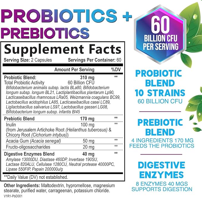 Probiotics for Women & Men 60 Billion CFU - 10 Strains with Lactobacillus, Digestive Gut Health Probiotics & Immune Support Supplement, Supports Occasional Constipation, Gas & Bloating - 120 Capsules