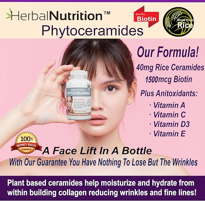 Phytoceramides Rice Based with Biotin Anti Aging Supplement, Wrinkle Remover and Facial Moisturizing with Phytoceramides Vitamin A, C, D and E, Two Bottle Pack, 120 Capsules 40mg, Gluten Free