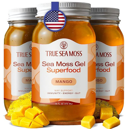 TrueSeaMoss Sea Moss Gel – Made in USA – Wildcrafted Seamoss, Fresh Fruits & Sea Vegetables – Mango, Pack of 3 (Labels may Vary)