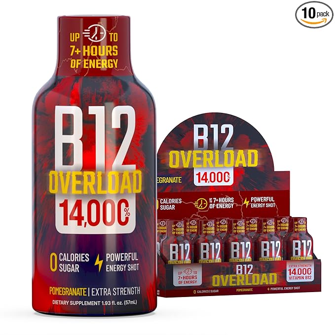 B12 Overload Extra Strength Energy Shot – Pomegranate – 260mg Caffeine, 14000% B12, Electrolytes – Energy & Vitality Support – Zero Sugar No Calories – Vegan, Kosher, Gluten-Free – 1.93 fl oz, 10-Pack