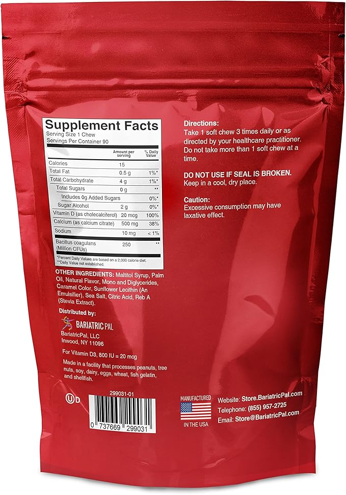 BariatricPal Sugar-Free Calcium Citrate Soft Chews 500mg with Probiotics (90 Count) - Caramel Apple