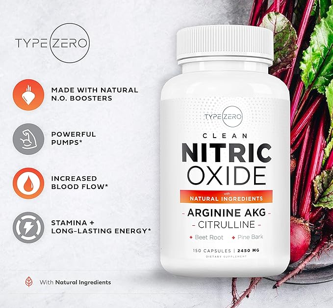 Type Zero Nitric Oxide 6X Booster, 150 Veggie Capsules - Natural Supplement - Beetroot, Arginine AKG, Citrulline, Pine Bark, Garlic & VIT C | Nitrous Oxide