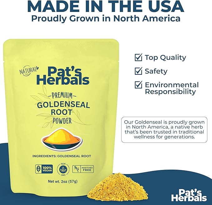 Pat's Herbals Goldenseal Root Powder - 2oz, USA Grown, Non-GMO | Pure Bright Yellow Root Powder