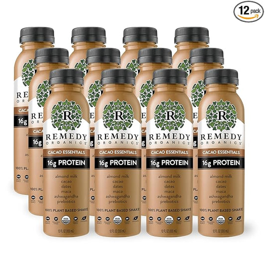 Remedy Organics Cacao Essentials 12-Pack | Plant Based Protein Shakes, Ready to Drink | USDA Organic, Gluten Free, Dairy Free, Soy Free
