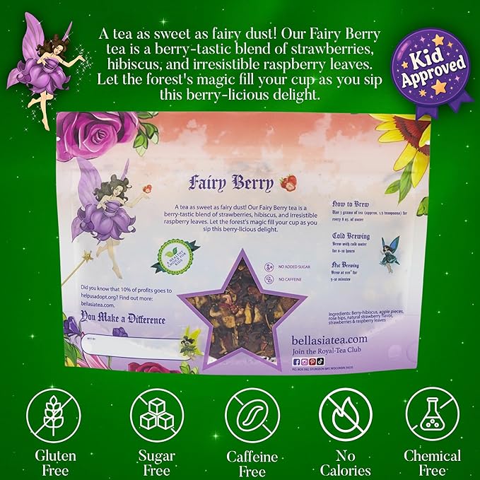 Bellasia Tea Fairy Berry for Kids Using Real Strawberry Pieces - Caffeine Free Herbal Tea Blend with Real Ingredients & Balanced Flavor- Add Loose Leaf Tea to Your Child’s Routine for A Fun & Tasty Drink. 20-25 Cups